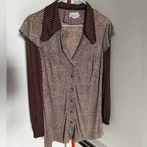 ~ 70s Blouse Vintage Brown Chevron Size L~